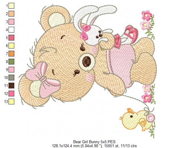 Baby Teddy Bear Girl with Bunny - Fill Stitch Embroidery