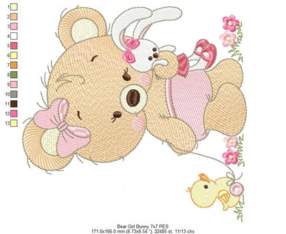Baby Teddy Bear Girl with Bunny - Fill Stitch Embroidery