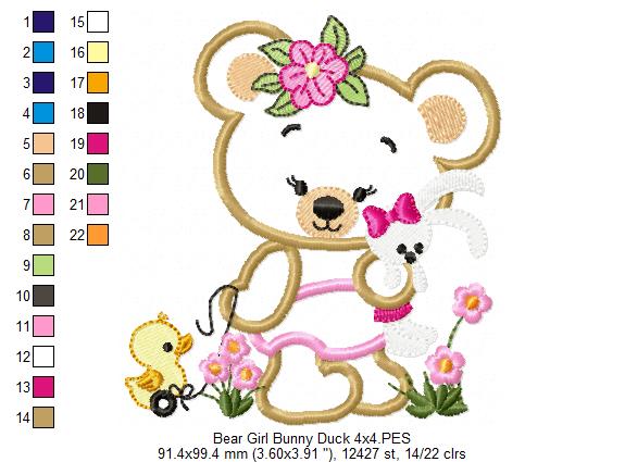 Baby Teddy Bear Girl with Bunny - Applique - Machine Embroidery Design
