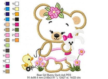 Baby Teddy Bear Girl with Bunny - Applique - Machine Embroidery Design