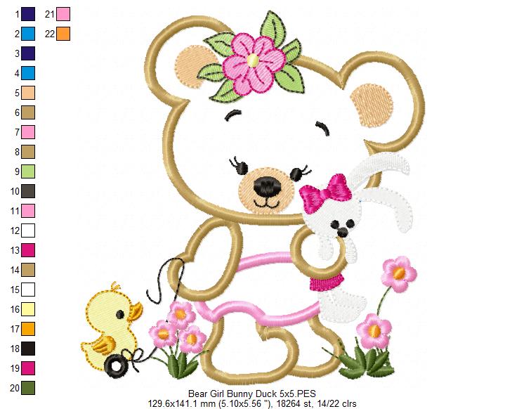 Baby Teddy Bear Girl with Bunny - Applique - Machine Embroidery Design