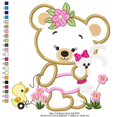 Baby Teddy Bear Girl with Bunny - Applique - Machine Embroidery Design