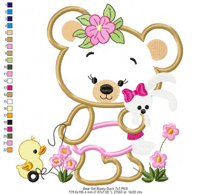 Baby Teddy Bear Girl with Bunny - Applique - Machine Embroidery Design