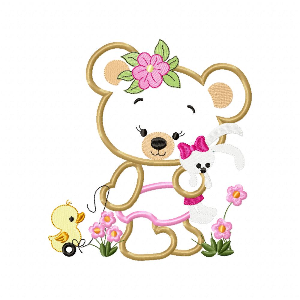 Baby Teddy Bear Girl with Bunny - Applique - Machine Embroidery Design