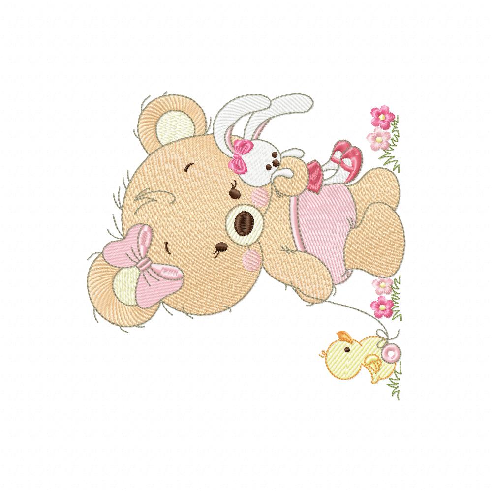 Baby Teddy Bear Girl with Bunny - Fill Stitch Embroidery