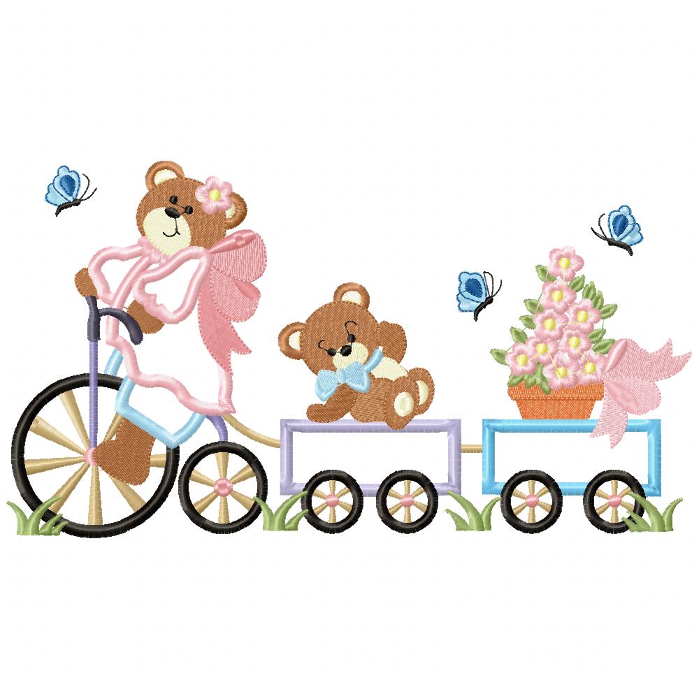 Teddy Bear Girl Bicycle Train - Applique Machine Embroidery Design
