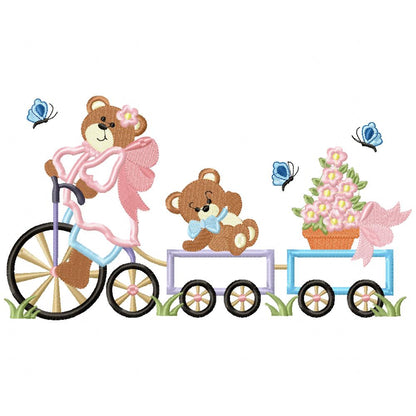 Teddy Bear Girl Bicycle Train - Applique Machine Embroidery Design