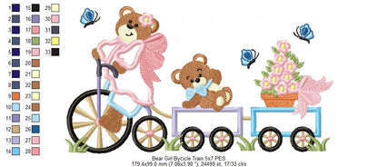 Teddy Bear Girl Bicycle Train - Applique Machine Embroidery Design