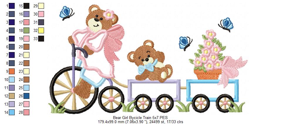 Teddy Bear Girl Bicycle Train - Applique Machine Embroidery Design
