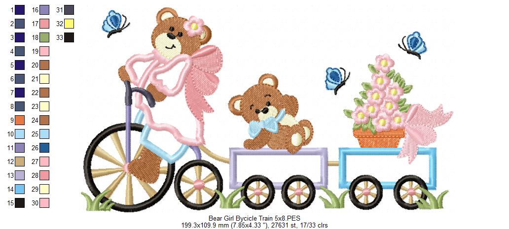 Teddy Bear Girl Bicycle Train - Applique Machine Embroidery Design