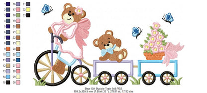 Teddy Bear Girl Bicycle Train - Applique Machine Embroidery Design