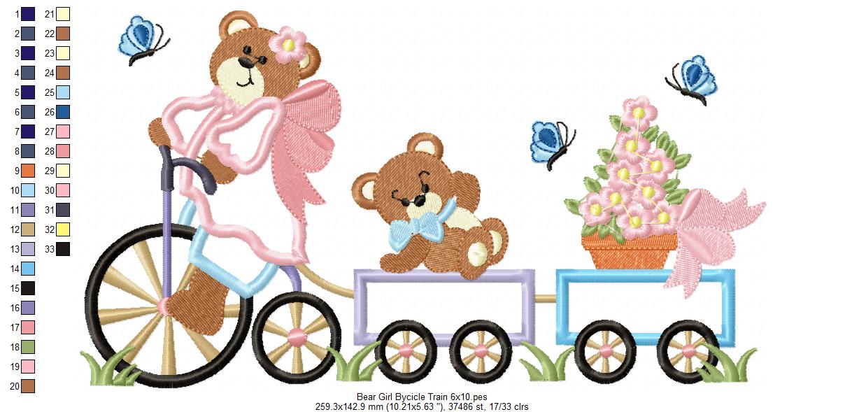 Teddy Bear Girl Bicycle Train - Applique Machine Embroidery Design