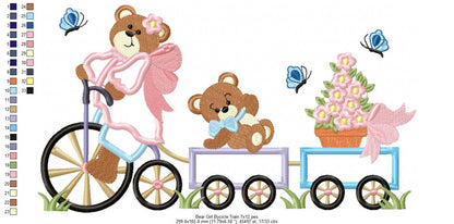 Teddy Bear Girl Bicycle Train - Applique Machine Embroidery Design