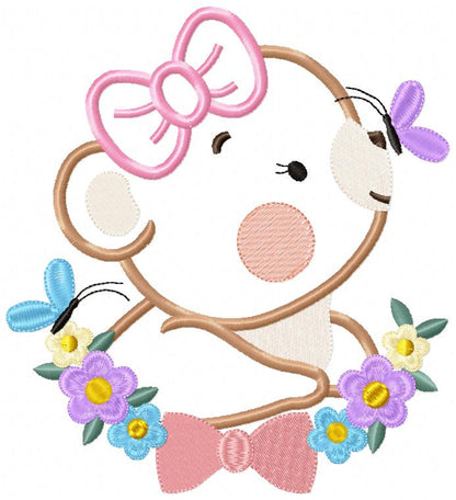 Bear Girl Flowers - Aplique - Machine Embroidery Design