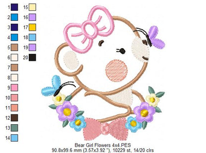Bear Girl Flowers - Aplique - Machine Embroidery Design