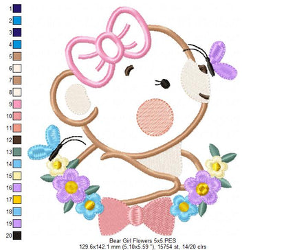 Bear Girl Flowers - Aplique - Machine Embroidery Design