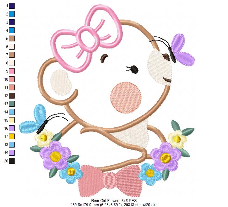 Bear Girl Flowers - Aplique - Machine Embroidery Design