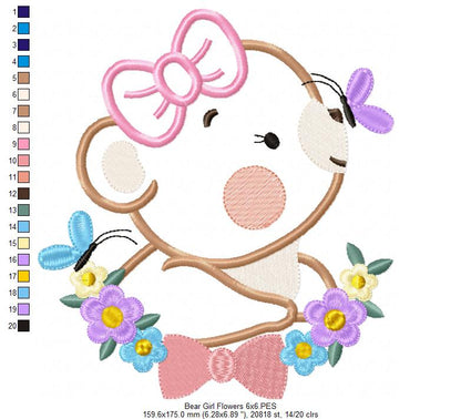 Bear Girl Flowers - Aplique - Machine Embroidery Design