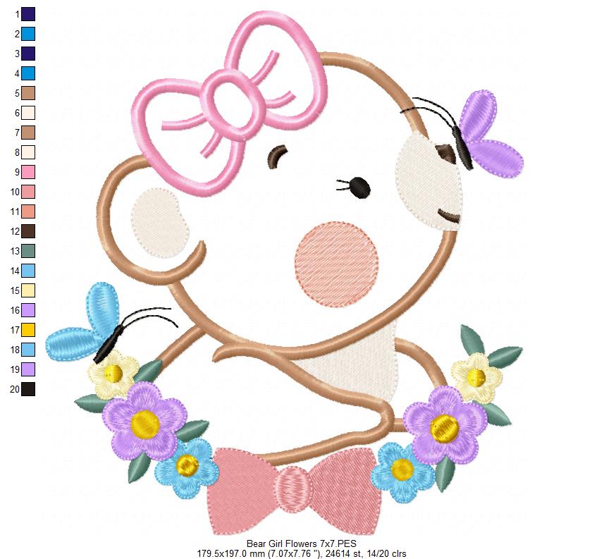 Bear Girl Flowers - Aplique - Machine Embroidery Design