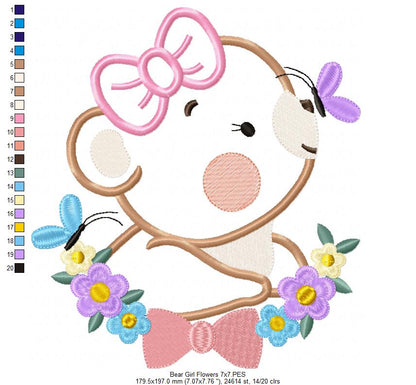 Bear Girl Flowers - Aplique - Machine Embroidery Design