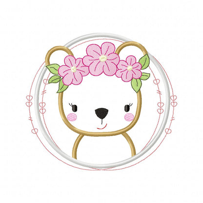 Bear Girl Flowers Frame - Applique - Machine Embroidery Design