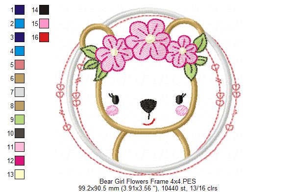 Bear Girl Flowers Frame - Applique - Machine Embroidery Design