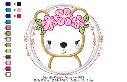 Bear Girl Flowers Frame - Applique - Machine Embroidery Design