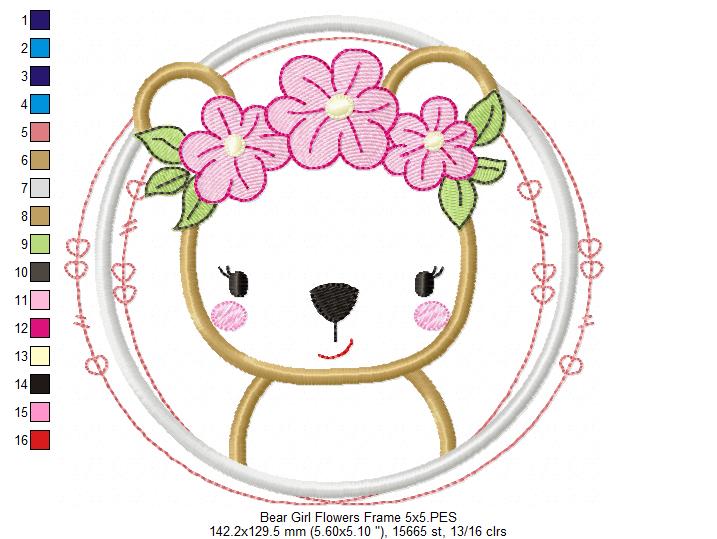 Bear Girl Flowers Frame - Applique - Machine Embroidery Design