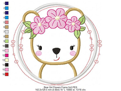 Bear Girl Flowers Frame - Applique - Machine Embroidery Design