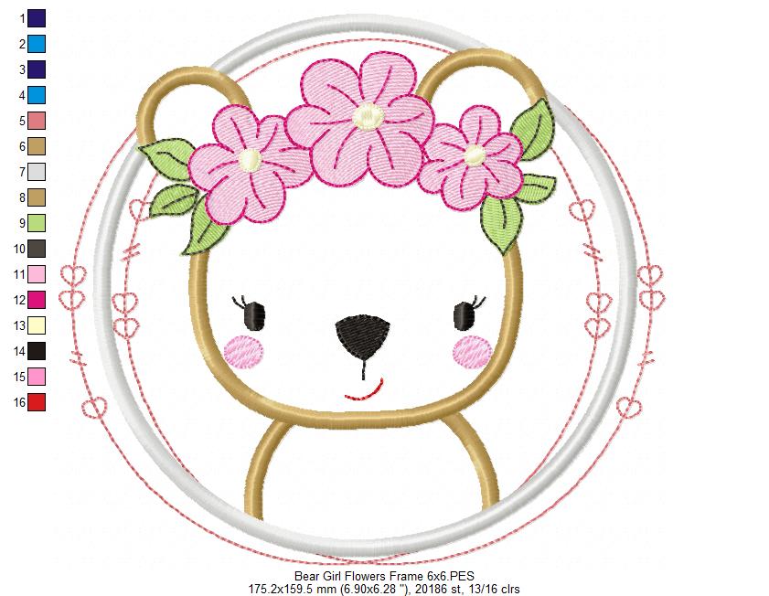 Bear Girl Flowers Frame - Applique - Machine Embroidery Design