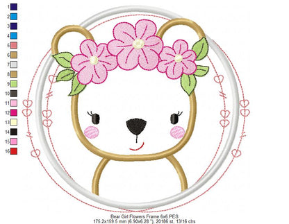 Bear Girl Flowers Frame - Applique - Machine Embroidery Design