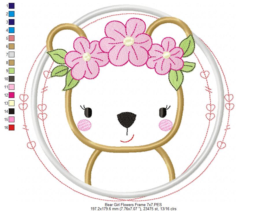 Bear Girl Flowers Frame - Applique - Machine Embroidery Design