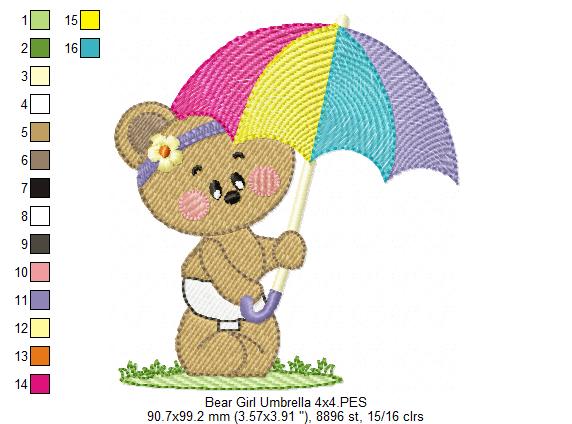 Teddy Bear Girl and Umbrella - Fill Stitch