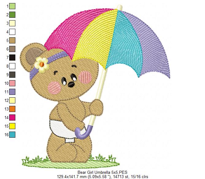 Teddy Bear Girl and Umbrella - Fill Stitch