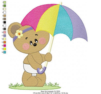 Teddy Bear Girl and Umbrella - Fill Stitch