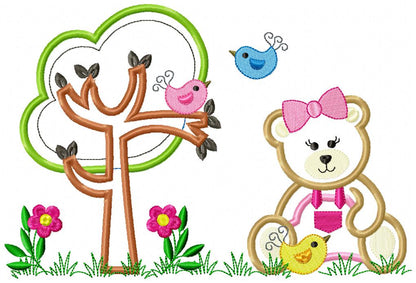 Teddy Bear Girl and Tree - Applique