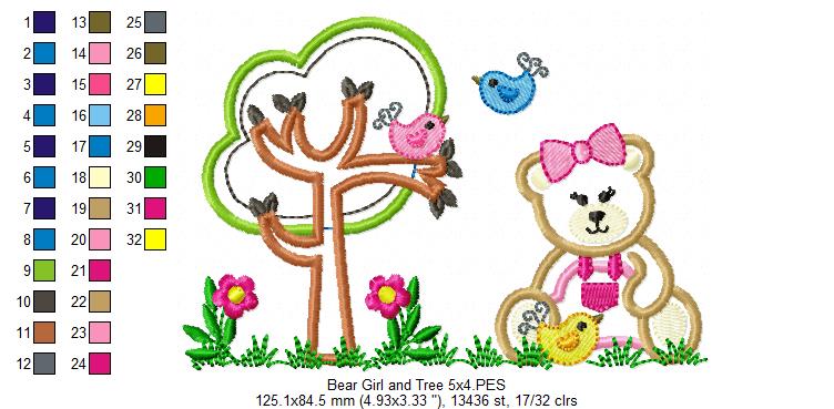 Teddy Bear Girl and Tree - Applique