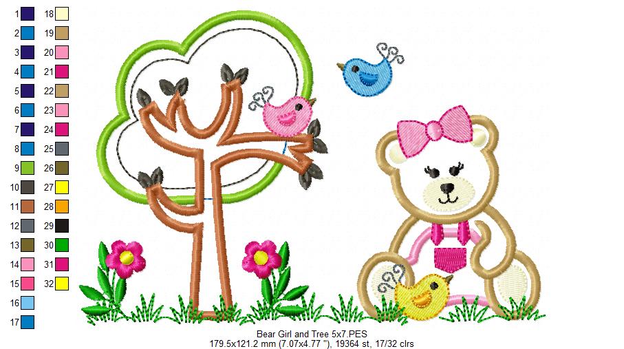 Teddy Bear Girl and Tree - Applique