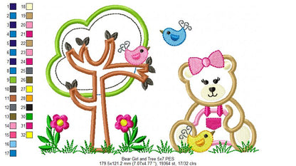 Teddy Bear Girl and Tree - Applique