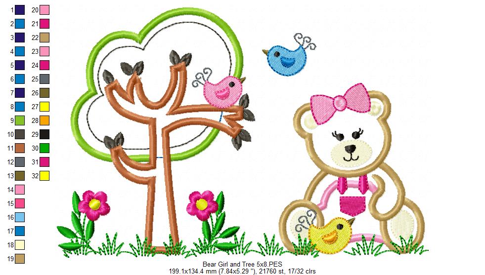 Teddy Bear Girl and Tree - Applique