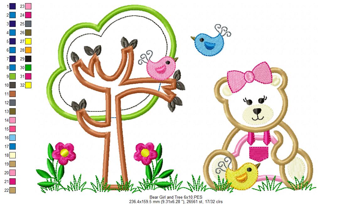 Teddy Bear Girl and Tree - Applique
