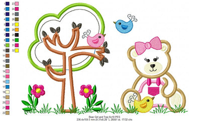 Teddy Bear Girl and Tree - Applique