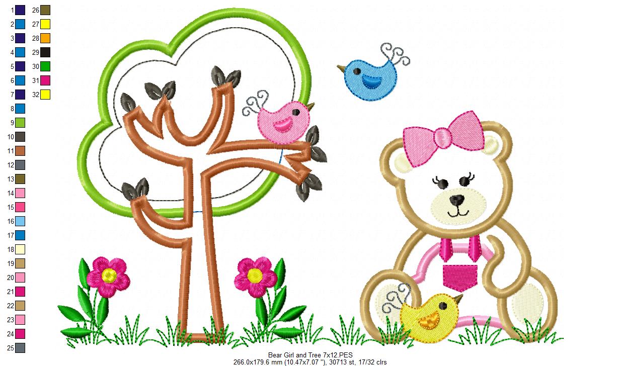 Teddy Bear Girl and Tree - Applique