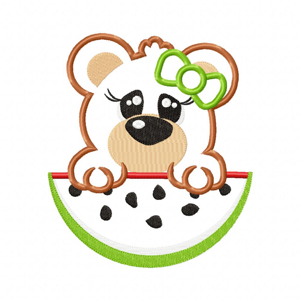 Cute Bear Girl with Watermelon – Appliqué – Machine Embroidery Design