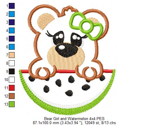 Bear Girl and Watermelon- Applique - Machine Embroidery Design
