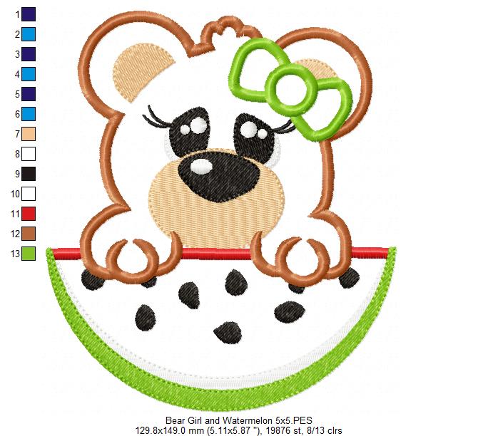 Cute Bear Girl with Watermelon – Appliqué – Machine Embroidery Design