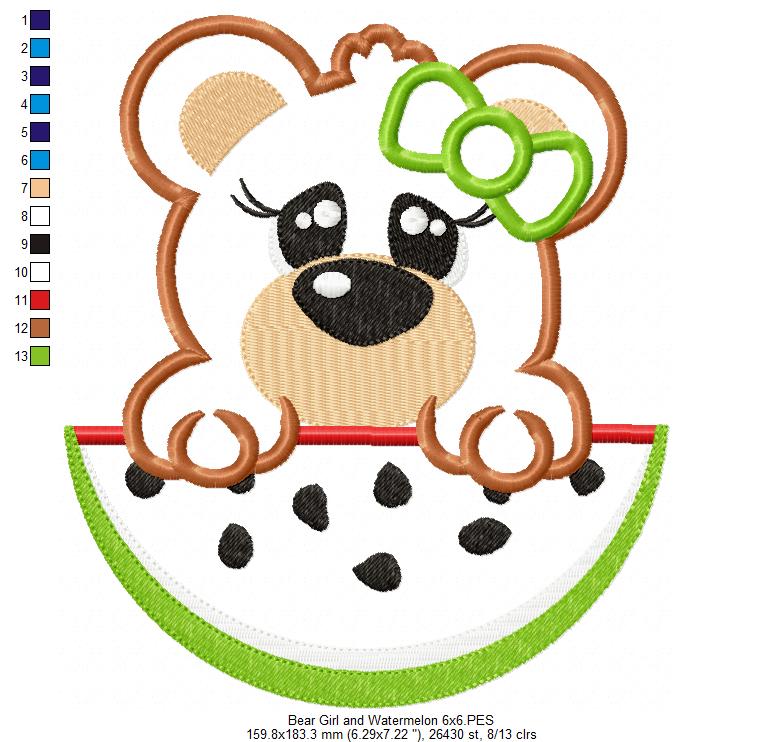 Cute Bear Girl with Watermelon – Appliqué – Machine Embroidery Design