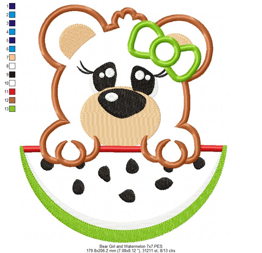 Cute Bear Girl with Watermelon – Appliqué – Machine Embroidery Design