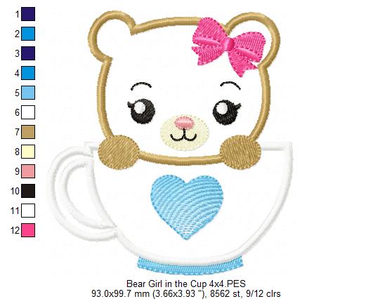 Cute Bear Girl in the Cup - Applique