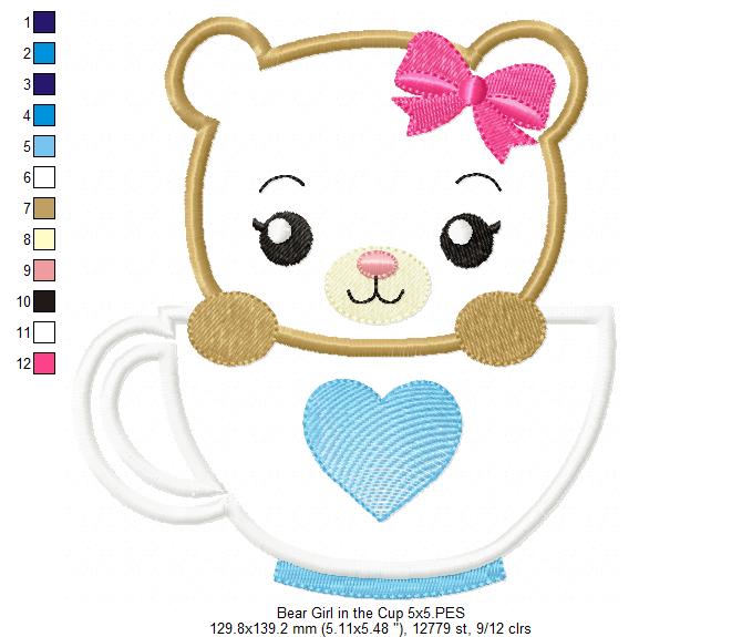 Cute Bear Girl in the Cup - Applique